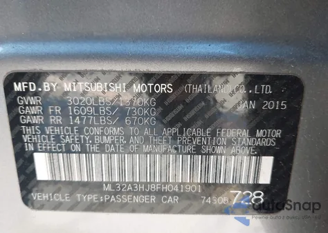 2015 Mitsubishi Mirage De/Rf из США, поврежденный, VIN ML32A3HJ8FH041901